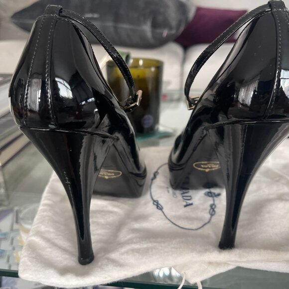 PRADA Black Patent Leather Platform Stiletto's with Ankle Strap - Picture 8 of 16